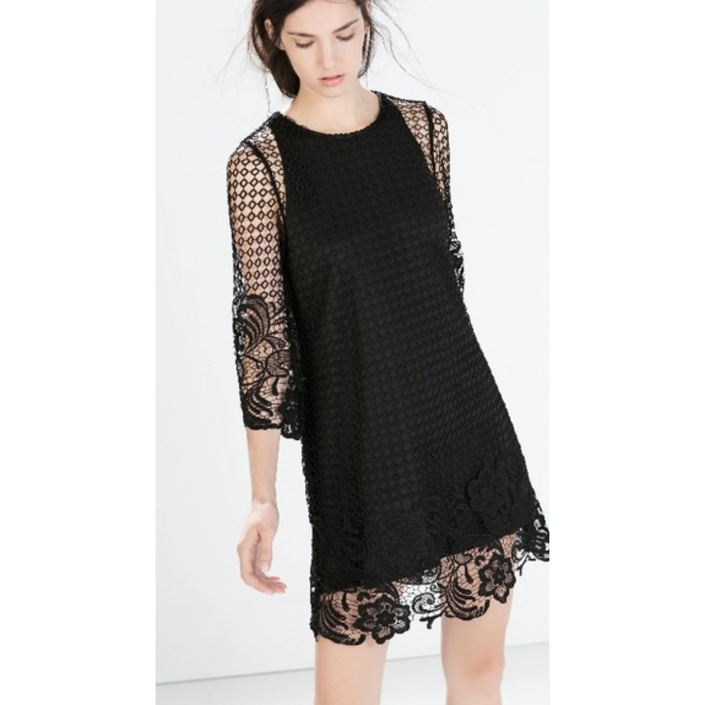 Zara‎ Black Lace Overlay Dress 3/4 Sleeve Sheath Mini Party Cocktail Size S